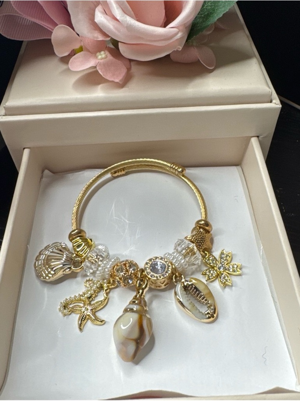 Gold Charm Bangle Bracelet with Beige Shell and Crystal Accents